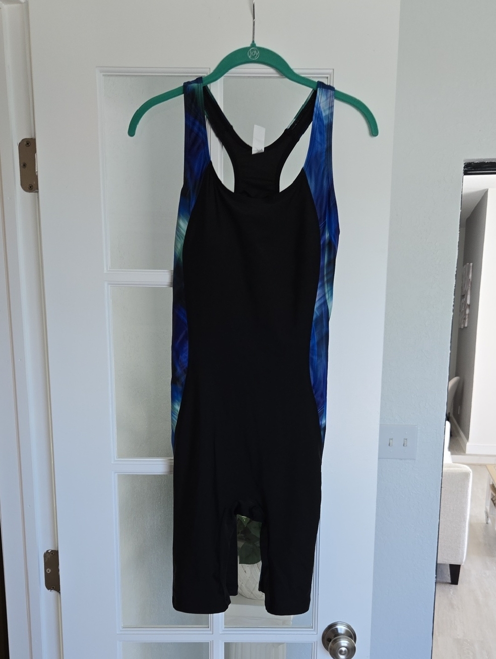 NWT Black Racerback One-Piece Swimsuit with Teal and Blue Accents
